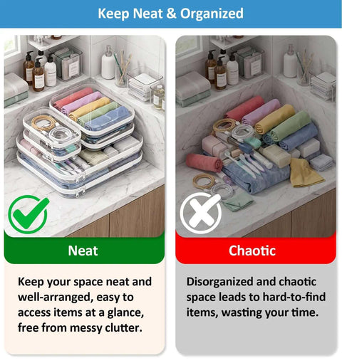 Heavy Duty Six Pack Clear Hard Shell Zipper Cases arranged neatly on a countertop with toiletries and rolls of fabric.