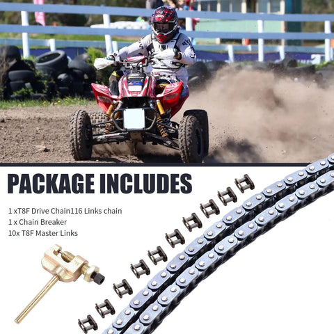Drive Chain 116 Link With Chain Breaker For 43cc 47cc 49cc 50cc 2 Stroke Pocket Rocket Bikes shown with ATV in use