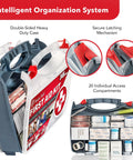 Front view of Swiss Safe 2-in-1 hardcase first aid kit, red/white, open to reveal 20 compartments