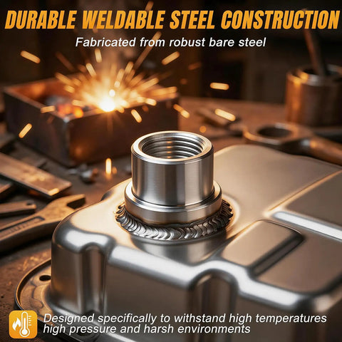 Heavy Duty Steel Weld On Bung With Half Inch Npt Female Thread And Stepped Flange for gas tank fixes and shop work, detailed view.