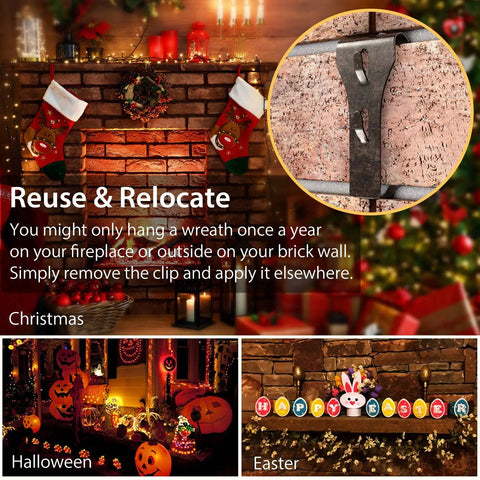Heavy Duty Brick Wall Clips For Outdoor Hangs No Drill No Nails Fits Two And A Quarter To Two And Three Eighths Inch Bricks Ideal For Mailboxes Frames Lights Wreaths Plants And Seasonal Decor displayed in various holiday settings.