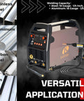 Hot Rodder's Dream 180 Amp Multi Process Welding Machine Does It All Gas MIG, Flux Core Stick Lift TIG Plus Spot Welding For Aluminum With Smart Synergistic Tech And Quick Setup with different metal types.