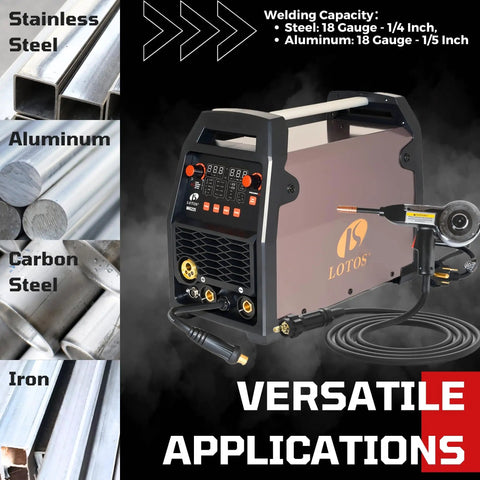 Hot Rodder's Dream 180 Amp Multi Process Welding Machine Does It All Gas MIG, Flux Core Stick Lift TIG Plus Spot Welding For Aluminum With Smart Synergistic Tech And Quick Setup with different metal types.