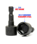 Impact Drill Nut Driver Set 20 Piece One Quarter Inch Hex Nut Driver Bits Metric And Standard Sizes Four To Twelve Millimeters And Five Thirty Second Inch To Half Inch CR V Steel Nutsetter Driver Bits showing two hex shank bits with CR-V steel material structure.