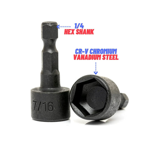 Impact Drill Nut Driver Set 20 Piece One Quarter Inch Hex Nut Driver Bits Metric And Standard Sizes Four To Twelve Millimeters And Five Thirty Second Inch To Half Inch CR V Steel Nutsetter Driver Bits showing two hex shank bits with CR-V steel material structure.