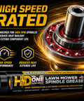 Heavy Duty High Temperature Bearing Grease For Toro And Exmark Mowers That Beats The Heat On Overworked Spindles And Shuts Out Grime And Humidity In A Battle Ready Two Pack For No Hassle Mowing Days with a close up of mower spindle bearing and grease tube.