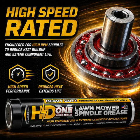 Heavy Duty High Temperature Bearing Grease For Toro And Exmark Mowers That Beats The Heat On Overworked Spindles And Shuts Out Grime And Humidity In A Battle Ready Two Pack For No Hassle Mowing Days with a close up of mower spindle bearing and grease tube.