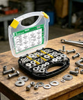 455 Piece 304 Stainless Steel Fender Washer Kit With 15 Size Options For Bolts And Screws M3 To M12 in open case on workbench