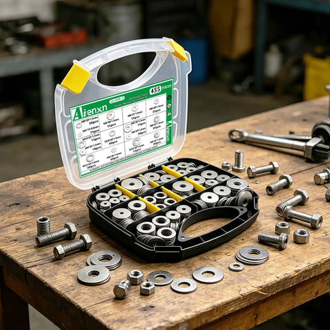 455 Piece 304 Stainless Steel Fender Washer Kit With 15 Size Options For Bolts And Screws M3 To M12 in open case on workbench