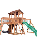 Cedar Wood Swing Set With Wave Slide And Raised Clubhouse Plus Balcony, Wooden Bridge, Rock Wall, Belt And Web Swings, Trapeze, Climbing Wall