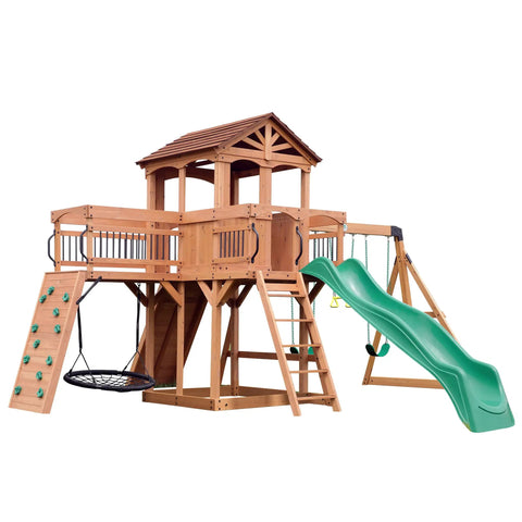 Cedar Wood Swing Set With Wave Slide And Raised Clubhouse Plus Balcony, Wooden Bridge, Rock Wall, Belt And Web Swings, Trapeze, Climbing Wall