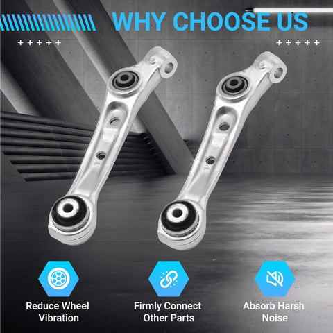 Plug And Play Front Suspension Control Arm Kit For BMW 5 And 6 Series, Includes Upper And Lower Arms, Sway Bar Link, Tie Rod, Rack And Pinion Boot Replacement, Compatible With XDrive Models Like 528i 535i 640i 650i front view showing metal arms.