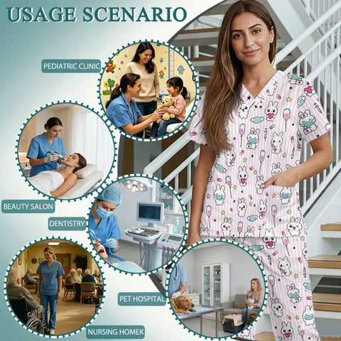 Cute Rabbit Pediatric Scrubs Tops And Pants Set For Women With Plenty Of Pocket Space Soft Stretch Fabric And Breathable Comfort