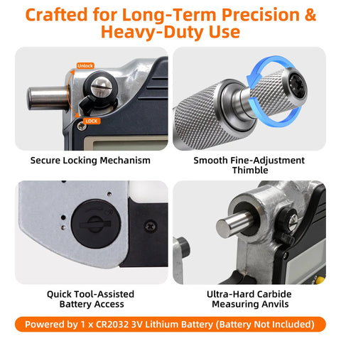 Features of 0-1 Inch Digital Micrometer With Carbide Tip, 0.00005 Inch Resolution, 0-25mm Range shown including lock and carbide anvils