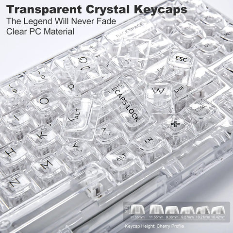 Transparent crystal keycaps showcasing clear PC material for Compact Wireless Mechanical Keyboard Featuring Hot Swap Switches And Clear Caps.