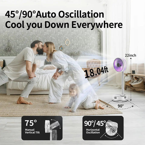 Family in living room with 20000mAh Portable Fan With Battery, 8 Inch Oscillating Fan For Camping And Travel, Remote Control LED Light