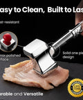Dual-Sided Meat Tenderizer Tool With Flat Pounder And Textured Surface shown flattening chicken with ergonomic grip