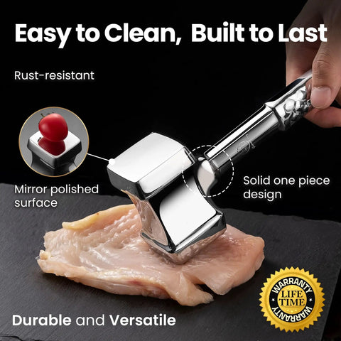 Dual-Sided Meat Tenderizer Tool With Flat Pounder And Textured Surface shown flattening chicken with ergonomic grip
