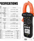 Smart TRMS 6000 Counts Clamp Meter With App Hookup For Android And iOS Digital Clamp On Ammeter shown with specifications chart