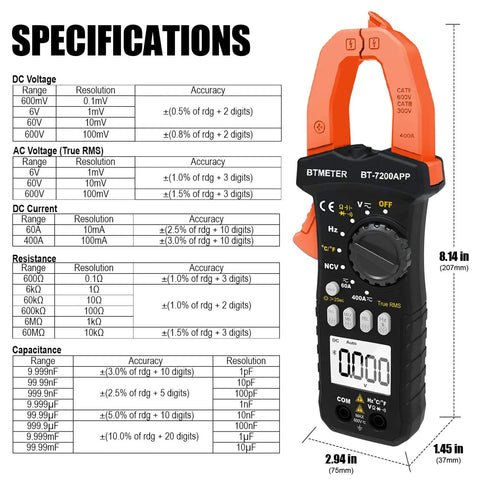 Smart TRMS 6000 Counts Clamp Meter With App Hookup For Android And iOS Digital Clamp On Ammeter shown with specifications chart