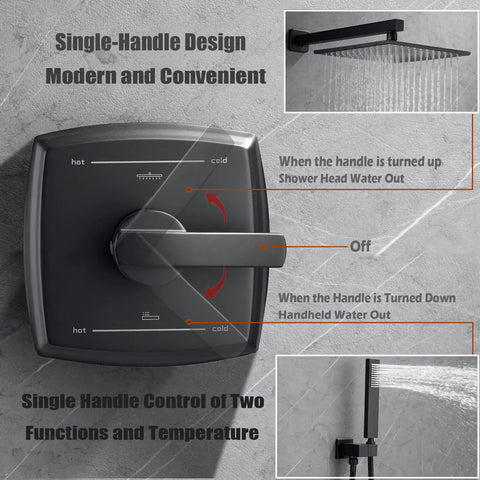 Matte Black Shower System With Rain Shower And Handheld, showing brass mixer valve and water flow directions