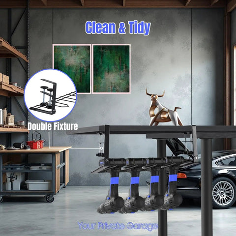 Under Workbench Drill Holder Table Mount With Clamp For Cordless Tools Grab And Go 16.6 Inch Reach installed in garage.