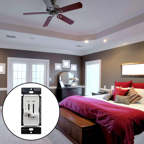 Three Speed Ceiling Fan Control Plug And Play With LED Dimmer Light Switch For Dimmable LED And Incandescent Load Two And A Half Amp Single Pole No Neutral Wire Required White 17001F3W in a bedroom