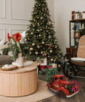 Red Metal Truck With Led String Light And Christmas Tree Ornaments Bell for tabletop Xmas decor and fireplace mantel in living room