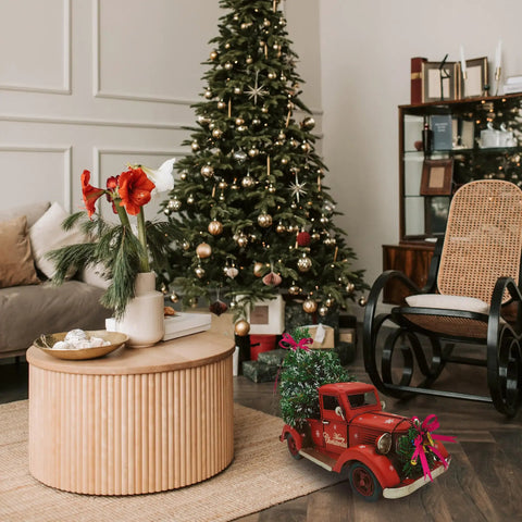 Red Metal Truck With Led String Light And Christmas Tree Ornaments Bell for tabletop Xmas decor and fireplace mantel in living room