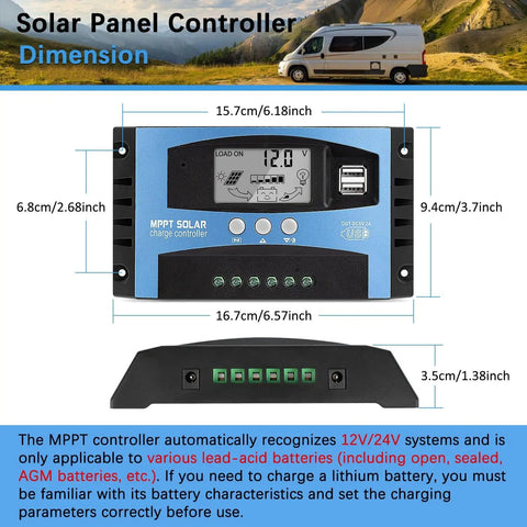 100 Amp MPPT Solar Charger Controller for 12V and 24V Systems with LCD Display and USB ports dimensions diagram
