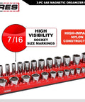 Magnetic Socket Organizer Set For One Quarter, Three Eighths, And One Half Inch Drives with high visibility size markings and sockets