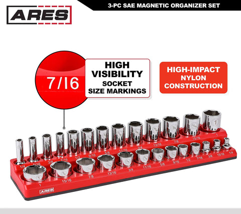 Magnetic Socket Organizer Set For One Quarter, Three Eighths, And One Half Inch Drives with high visibility size markings and sockets