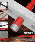 Rock Solid 6 Piece Diamond Hole Saw Drill Bit Set With Serrated Pilot For Ceramic Glass Tile Marble Granite Dry Or Wet Drilling High Precision Kit shown drilling through ceramic tile and granite surfaces.