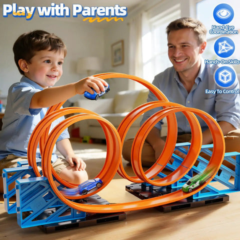 Child playing with Cool Race Track Car Set For Kids 3 Plus With 5 Rotating Tracks And 2 Small Cars Boys Toy Car Track Set