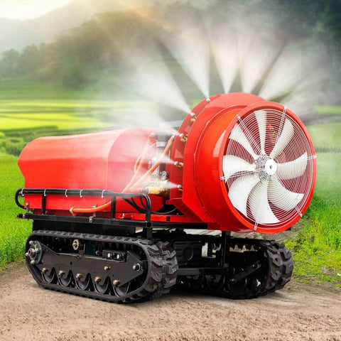 Heavy Duty Remote Control Tracked Spray Equipment With Crawler Spraver Design For Farm Use, red sprayer with crawler tracks in field.