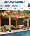 Pergola with Six Pack 4x6 Heavy Duty Metal Post Base Brackets With 3.6x5.6 Inner Fit No Wobble Design Rust Resistant visible