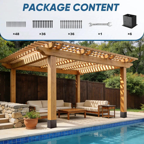 Pergola with Six Pack 4x6 Heavy Duty Metal Post Base Brackets With 3.6x5.6 Inner Fit No Wobble Design Rust Resistant visible