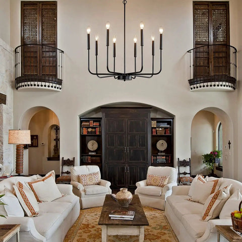 Eight Light Black Industrial Candle Chandelier For Dining Room And Kitchen Island, above modern rustic living room