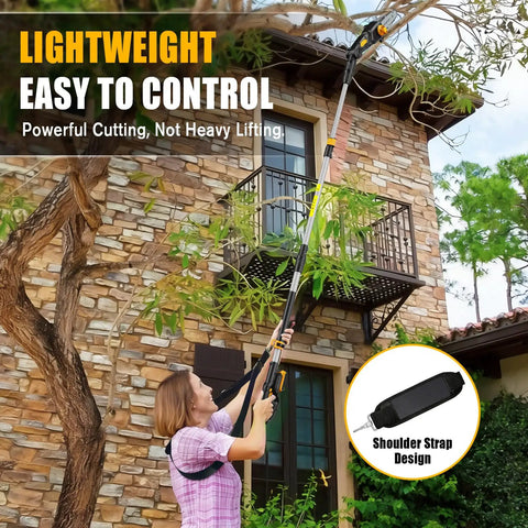 Woman using Cordless Pole Saw With 20V Max Battery Compatibility, 14.8 Ft Reach Electric Pole Saw for tree trimming