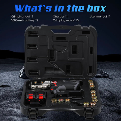 Heavy Duty Rechargeable Electric Hydraulic Cable Lug Crimper For 8AWG To 800MCM With 13 Dies Quick Crimp cordless kit including tool, batteries and molds.