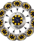 12 Pack Solar Ground Lights For Outdoor Garden In Ground Disk Landscape LED Lights Waterproof Pathway Yard Lights With A Warm Lit Glow displayed in a circle