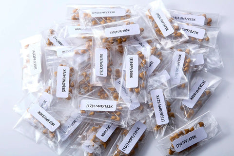 All-In-One Ceramic Capacitor Assortment Kit For DIYers, 720 Pieces, 36 Values From 10pF To 10µF, 50V, Great For DIY Electronics Projects And PCB Repairs, Values Printed On Each Bag.