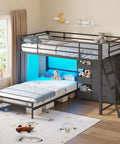 Twin Over Twin Bunk Bed With Four Storage Drawers Three Toy Bins And LED Lights, Metal Frame With Full Length Guardrail And Inclined Ladder
