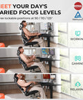 Person using ergonomic mesh office chair with adjustable lumbar support at different tilt angles for working, gaming, relaxing.