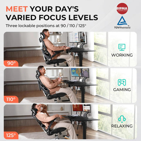 Person using ergonomic mesh office chair with adjustable lumbar support at different tilt angles for working, gaming, relaxing.