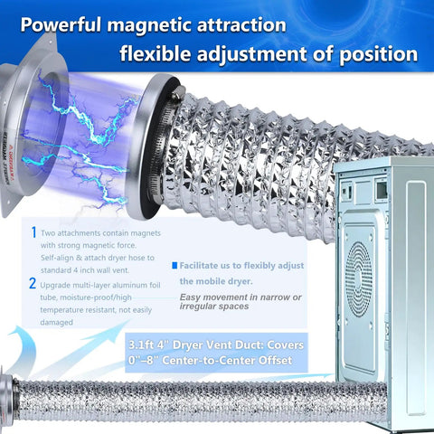 4 Inch Magnetic Dryer Vent Connector Kit with self aligning magnetic connection visible with aluminum foil tube and dryer