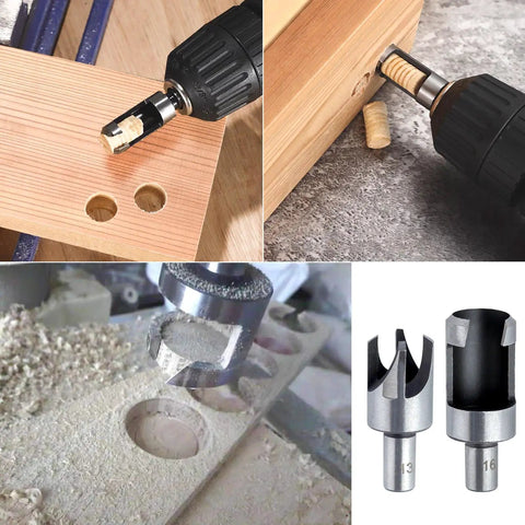 Heavy Duty Carbon Steel Wood Plug Cutter Drill Bit Set With Slick Straight And Tapered Dowel Hole Saw Blades in use on wood.