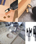 Badass Eight Piece Wood Plug Cutter Drill Bit Set With Straight And Tapered Heads For Perfect Dowel Plugs And Cork Holes In 1/4 To 5/8 Inches Built Tough From Carbon Steel For Any Weekend Warrior showing various sizes in use.