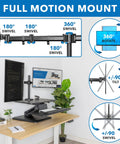 Standing Desk Converter With Dual Monitor Mount And Large Keyboard Tray, Sit Stand Riser showing full motion mount features.
