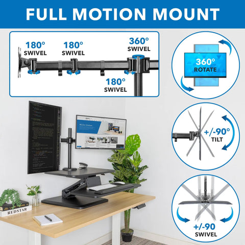 Standing Desk Converter With Dual Monitor Mount And Large Keyboard Tray, Sit Stand Riser showing full motion mount features.